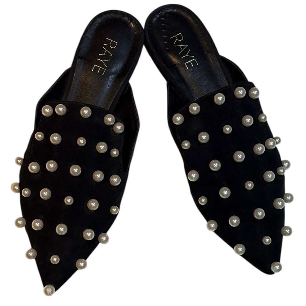 Raye Velvet Pointed-Toe Mules With Faux Pearls Detail Black Size 8.5
